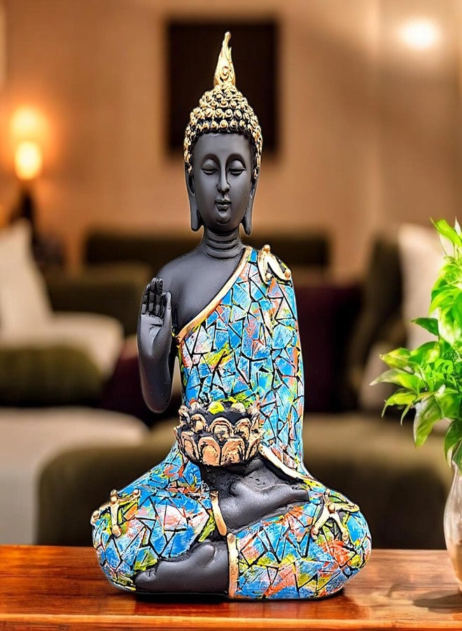 Karigaari India Big Meditating Buddha Statue Showpiece for Home Decor - Living Room - House Warming - Office - Gifting - Buddha Idol Polyresin Decorative Figurine (11 Inch/23 cm, Black, Multicolor) - Image 1